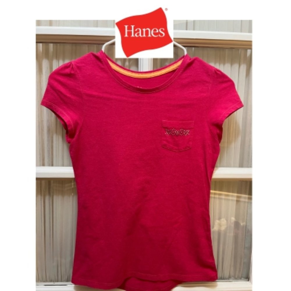 Hanes red top; beaded lapel pocket; girls' size L